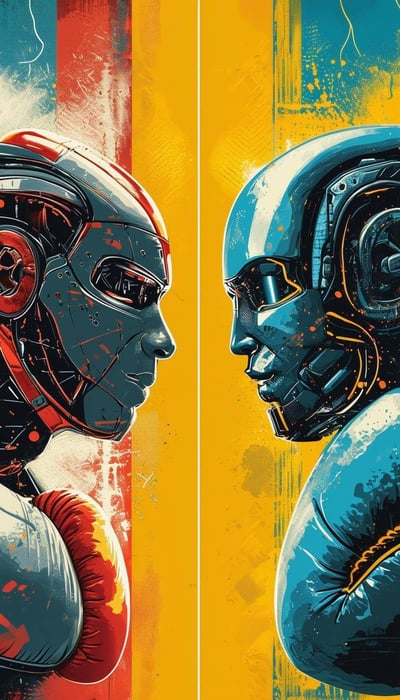 an AI vs a set of tools in boxing match type of poster