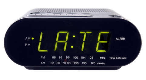 Digital alarm clock displaying "LATE" as the hour. Used for the context of the 2023 state of federated computational governance: late and manual.