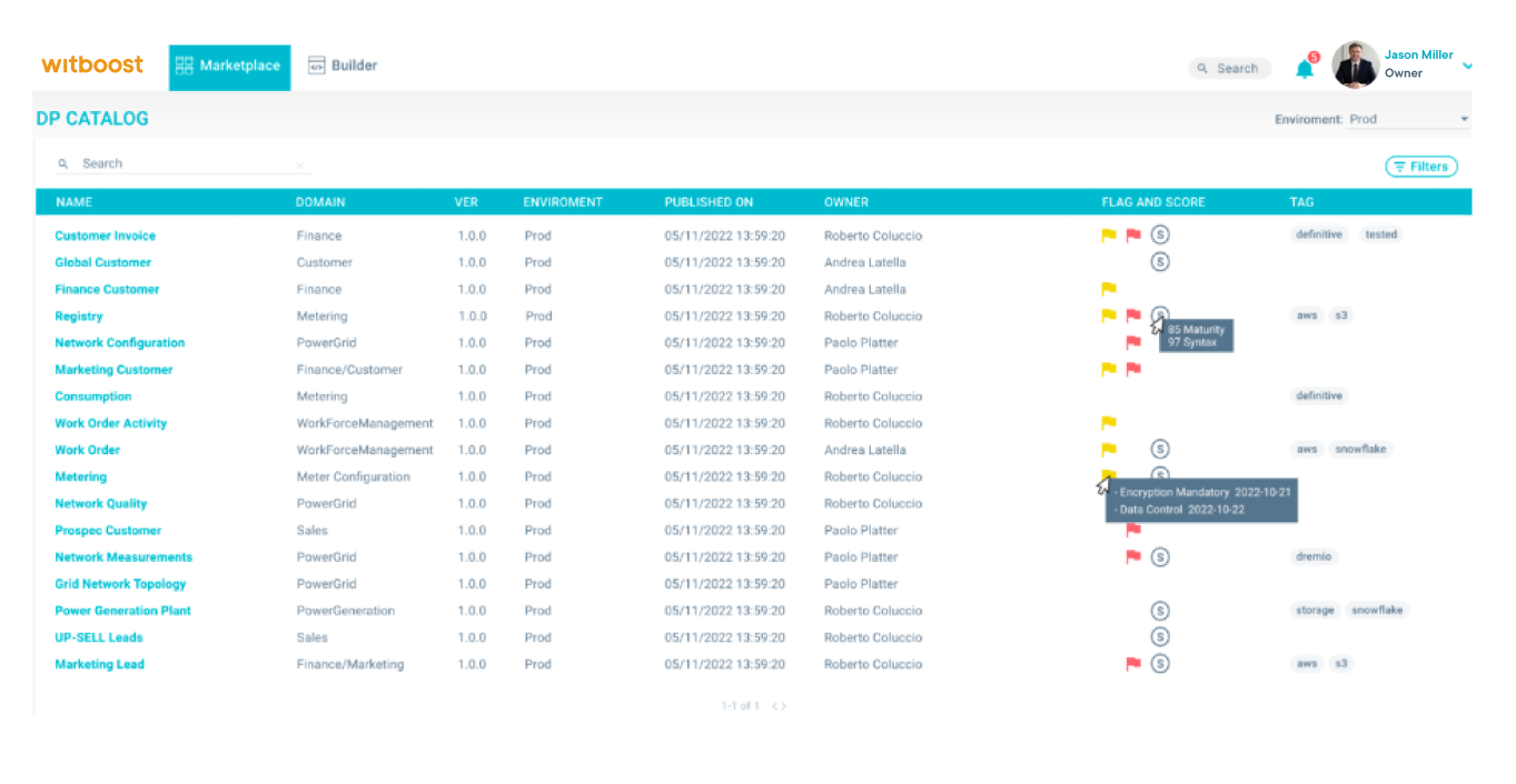 View of Witboost's UI showing the Data Product Registry within the Data Product Marketplace.